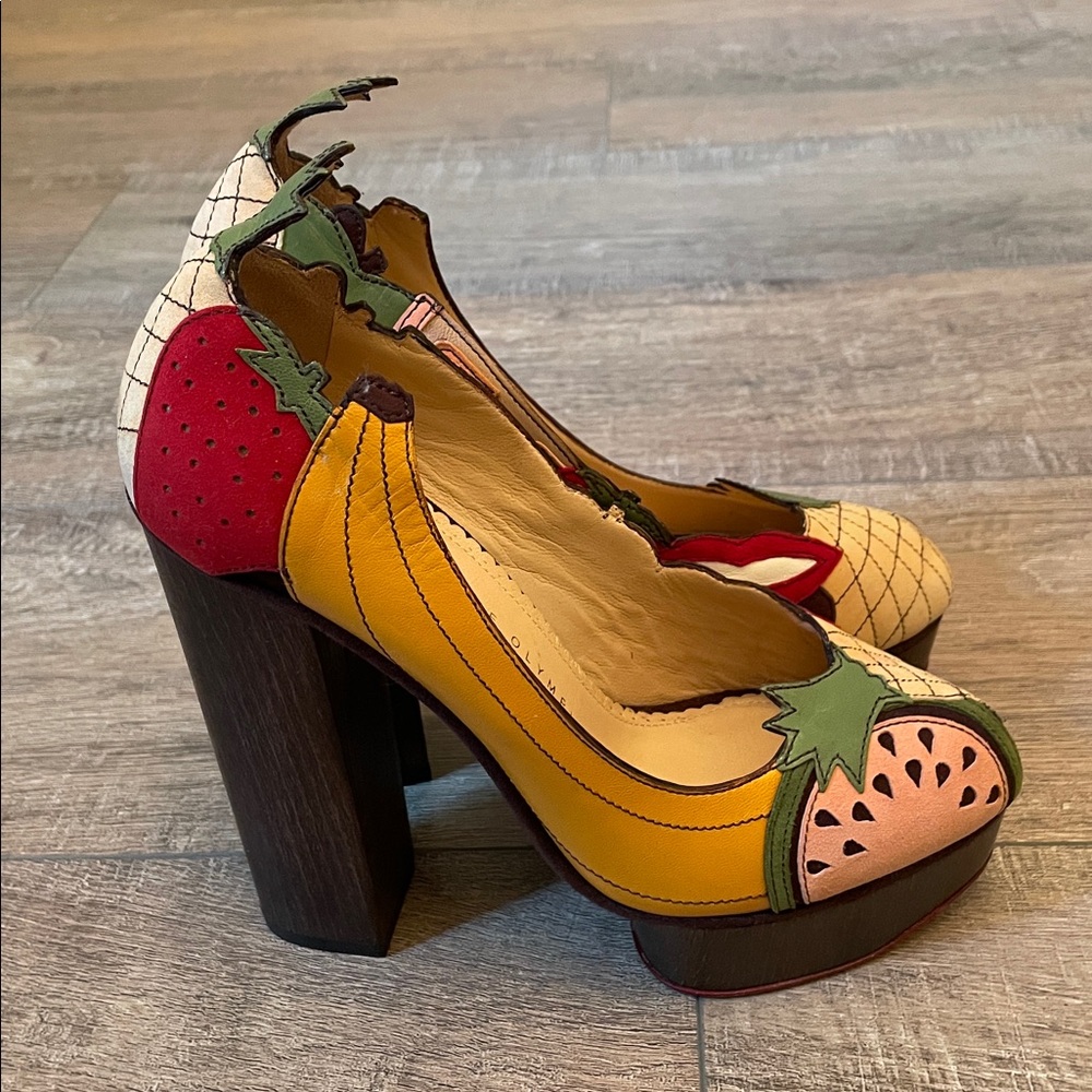 Charlotte Olympia Banana Platform Heels Size 8 Multicolor Fruit